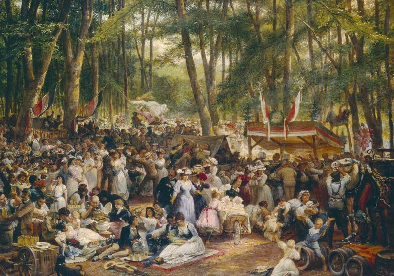 Zu sehen ist ein Gemälde vom Frankfurter Wäldchestag aus dem Ende des 19. Jahrhunderts