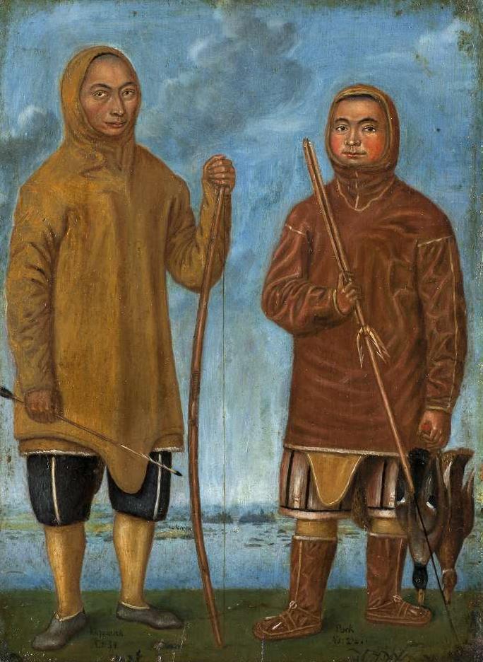 Das Gemälde zeigt die zwei Grönländer Pooq und Quiperoq mit Pfeil und Bogen und Sper ausgestattet.